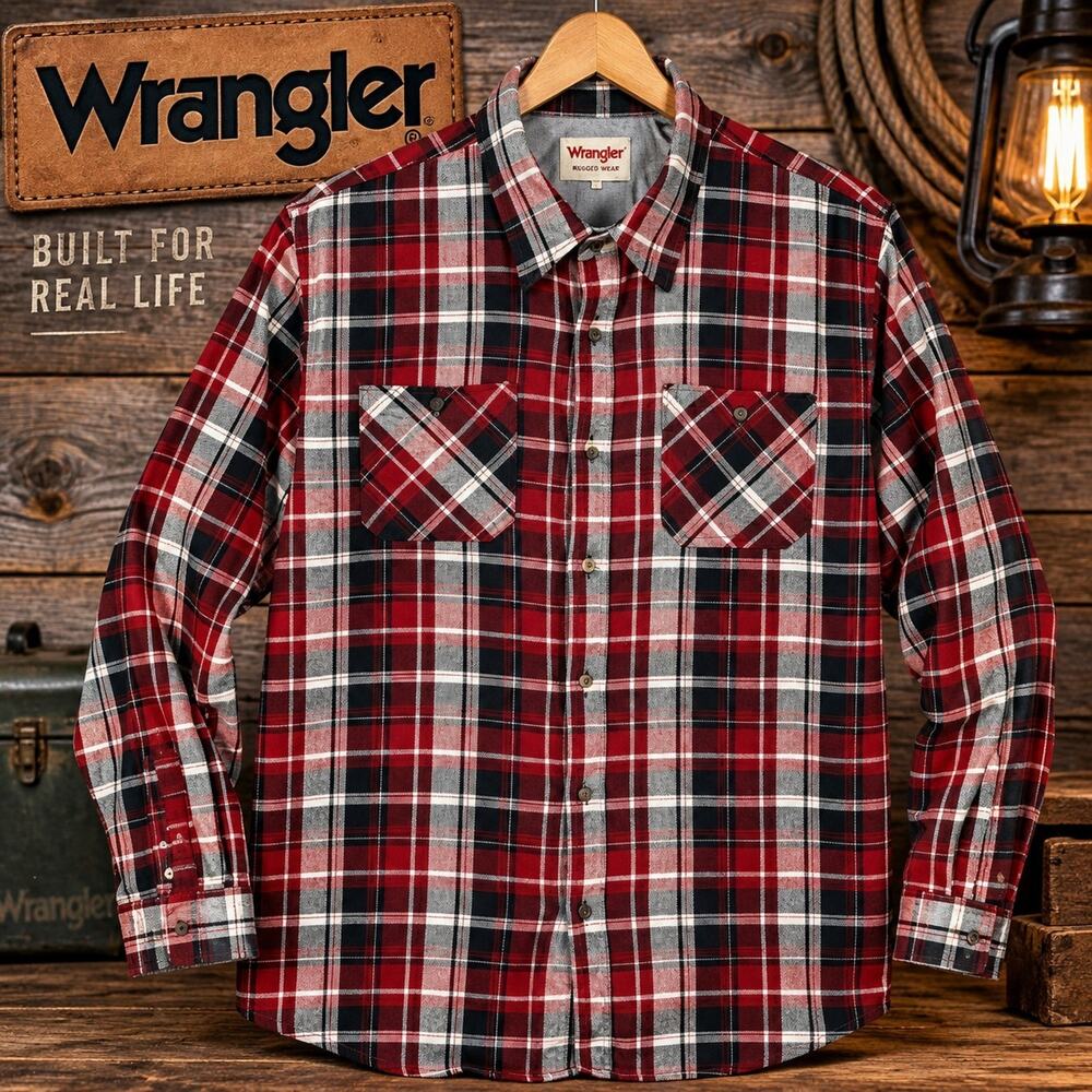 Wrangler Button Down Shirt Mens Extra Large XL Vintage Red Tartan Plaid Flannel